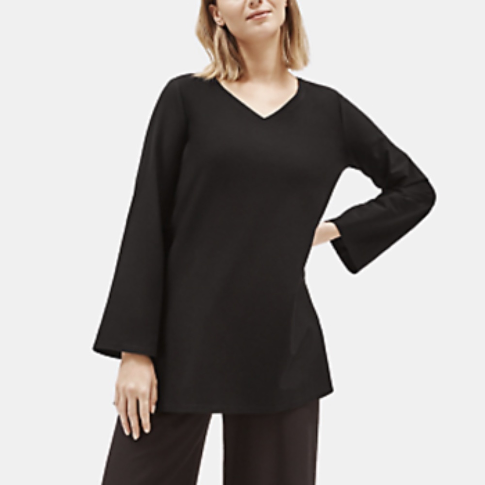 Eileen Fisher 3X Lightweight Washable Stretch Crepe V-Neck Tunic Black